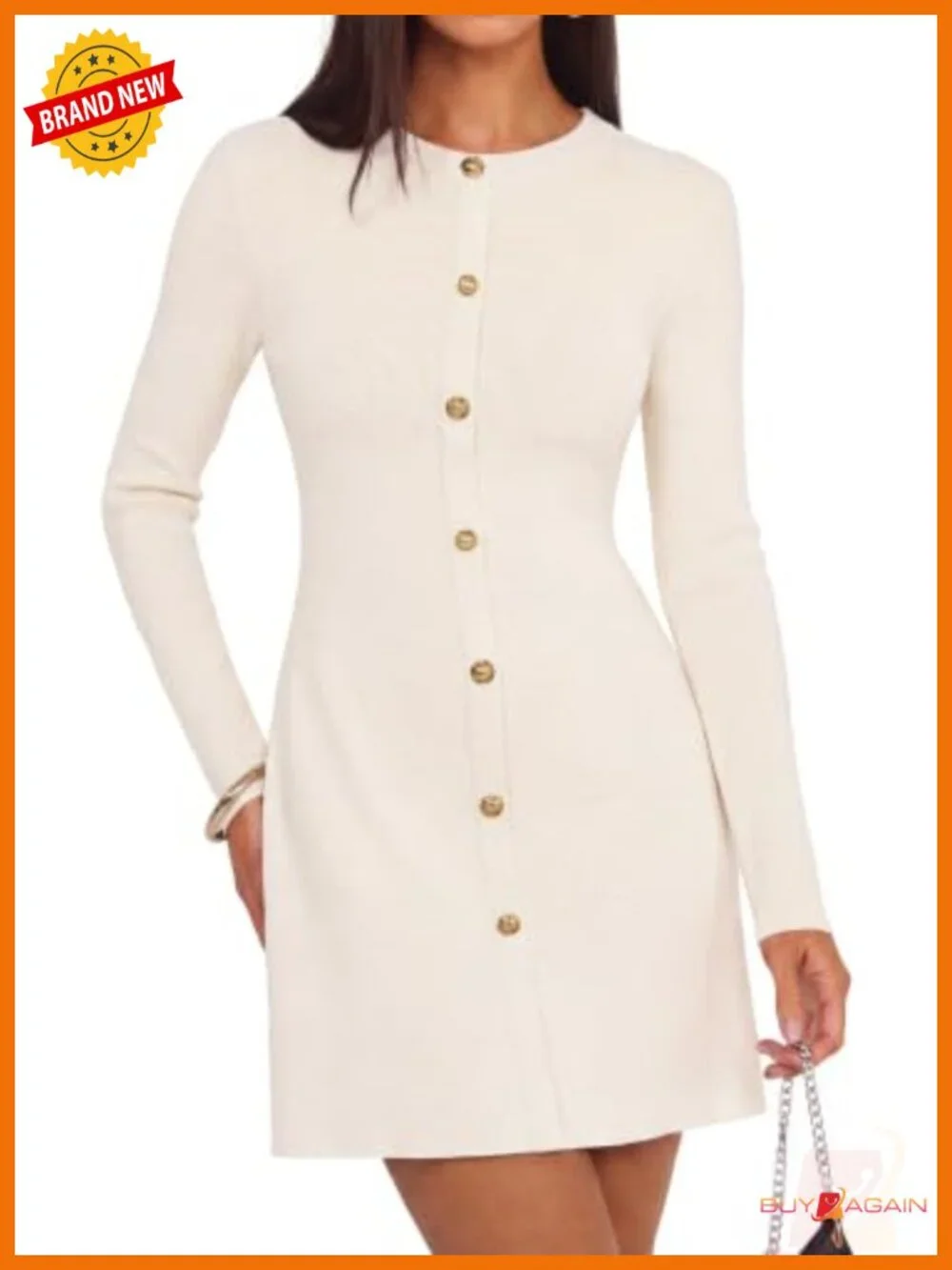 ZESICA Long Sleeve Mini Sweater Dress Crew Neck Button Front Work Office